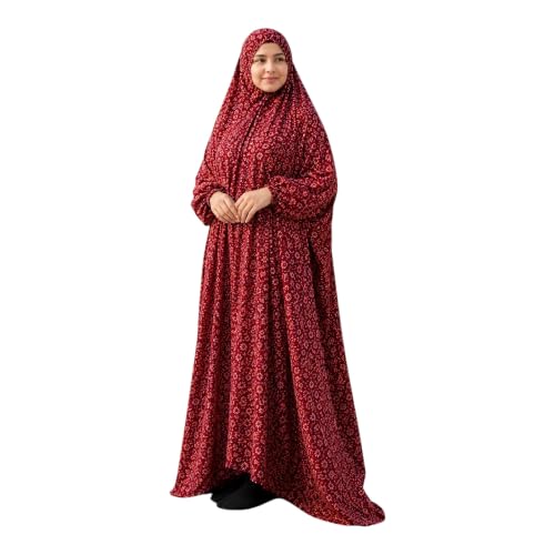 Women's Prayer Dress, One-Piece, Hibiscus Design, Lightweight, to be Worn Over Clothing, Free Size, 58 inch Front Length - color: Maroon