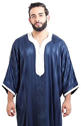 Moroccan Men Dress Caftan Handmade With Embroidery Tread Long Sleeve Navy
