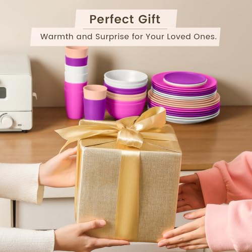 Homienly 40-Piece Wheat Straw Dinnerware Set, Reusable Plates and Bowls Sets, Alternative to Plastic Dishes Set-Dinner Plates with Textured Pattern, Bowls, Cups, Dishwasher Safe - Pink Flower - color: Pink Flower, size: 40 PCS