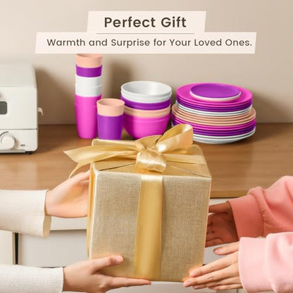 Homienly 40-Piece Wheat Straw Dinnerware Set, Reusable Plates and Bowls Sets, Alternative to Plastic Dishes Set-Dinner Plates with Textured Pattern, Bowls, Cups, Dishwasher Safe - Pink Flower - color: Pink Flower, size: 40 PCS