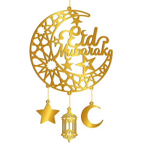 Ramadan Decoration for Home Acrylic Ramadan Door Wreath Ramadan Mubarak Islamic Wall Decor Hollow Moon and Star Front Door Wall Signs, Muslim Sign Eid Mubarak Kareem Ornaments Hanging for Home Party - color: Eid