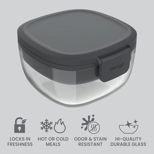 Bentgo Glass Salad Container - 7.6-Cup Salad Bowl with Airtight Lid, Leak-Proof Sauce Container, 4-Compartment Bento Tray & Reusable Fork - BPA-Free for Meal Prep, Office & More (Dark Gray) - color: Dark Gray