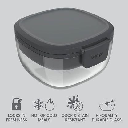 Bentgo Glass Salad Container - 7.6-Cup Salad Bowl with Airtight Lid, Leak-Proof Sauce Container, 4-Compartment Bento Tray & Reusable Fork - BPA-Free for Meal Prep, Office & More (Dark Gray) - color: Dark Gray