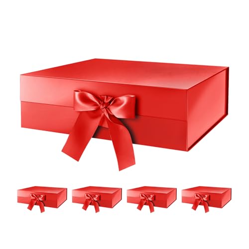 HAPPY POTATO 5 Large Red Magnetic Gift Boxes with Lids 13.5x9x4.1 Inch - color: Red-Ribbon-13.5x9x4.1 Inches-Pack of 6