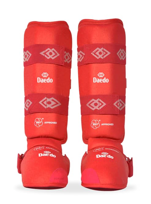 Daedo Shin and Instep Guards WKF Approved – Martial Arts Leg Pads for Karate Taekwondo – Foam Padded Shin Protectors - color: Red, size: X-Small
