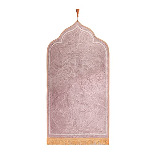 Muslim Prayer Rug Islamic Mat for Muslim Prayers Great Ramadan Gift for Muslim Men Women Portable Prayer Mat Rug Turkish Pocket Praying Rug Thick Large Padded Sajadah Muslim Prayer Rug Velvet Carpet - color: Light Tan