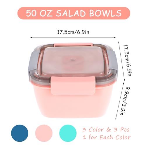 3 Pcs Salad Lunch Container with 3 Compartment, 50 oz Salad Lunch Container for adults, Leakproof Salads Bowl for Toppings, Snacks (Pink,Blue,Green)