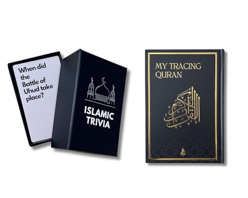 Islamic Trivia Card Game, 100+ Questions in 4 Categories, Educational Family Game & Tracing Quran Mushaf with Full Juz 1 to 30 | Ideal Book for Writing and Learning Quran Text Bundle