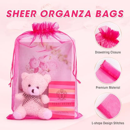 ANZNKU 100 Pcs Large Organza Bags 8x12, Small Mesh Gift Bag Drawstring Bulk - color: Hot Pink