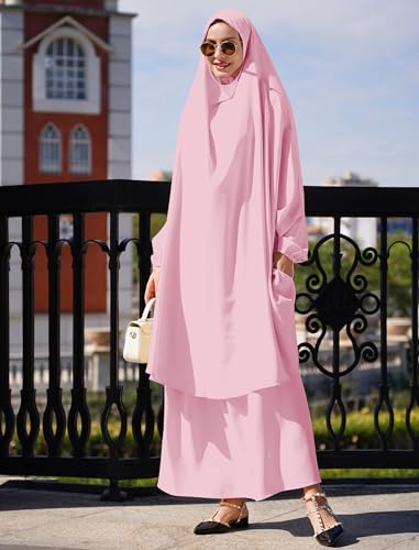 Abayas for Women Muslim Chiffon Prayer Burqa Dress Burkas for Women Muslim Hijab Dress Full Length Islamic Veil Abaya Set - color: Pink-loose