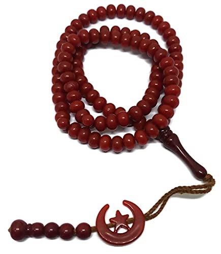 Islam Prayer Tasbih 99 Beads AMN-303 Muslim 8 mm. Rosary Bead Moon Star Decorated Tassels Haj Eid Ramadan Gift (Red) - color: Red