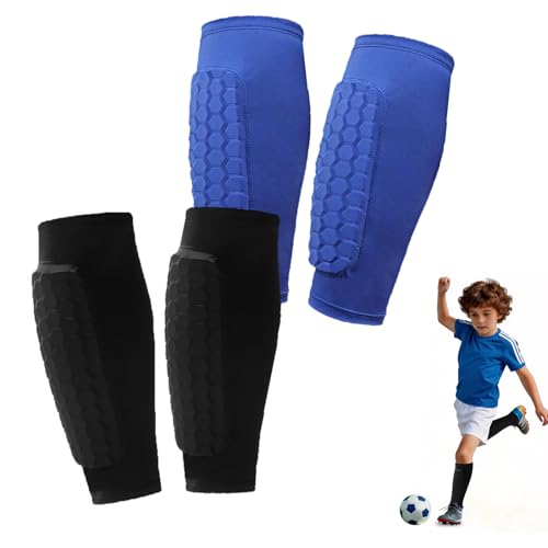 2 Pairs Soccer Shin Guards, Shin Guards Soccer for Kids Youth Adult Calf Compression Sleeve with Honeycomb Pads, Calf Protective Gear for Football & Baseball for Boys, Girls - color: Black+Blue, size: X-Small