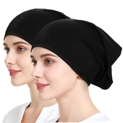 Sucrain 2PCS Under Scarf Hat Cap Islamic Muslim Hijab Headscarf Elastic Wide Headband Lightweight Hats Breathable Liner - color: Black