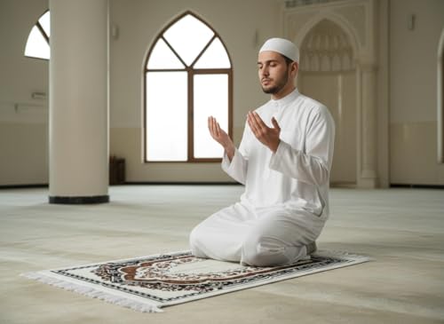 Islamic Prayer Rug with Traditional Mihrab Design, Geometric Arch Pattern, Polyester Material, 27.6x43.3 Inches, Low Pile with Fringed Edges (Green Orange) - color: Green Orange