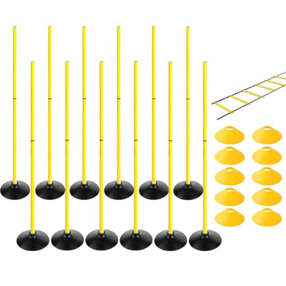 TNZMART 4.9FT Training Agility Poles Set Detachable Soccer Training Sticks Slalom Poles with 10 Disc Cones and Speed Ladder