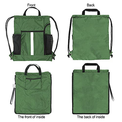 BeeGreen Green Drawstring Bag Gym Cinch Backpack w Shoe Compartment and Two Side Pockets Machine Washable Sports Sinch Sack String Sackpack for Swim Equipment Beach Travel - color: Green, style: Drawstring With Shoe Compartment