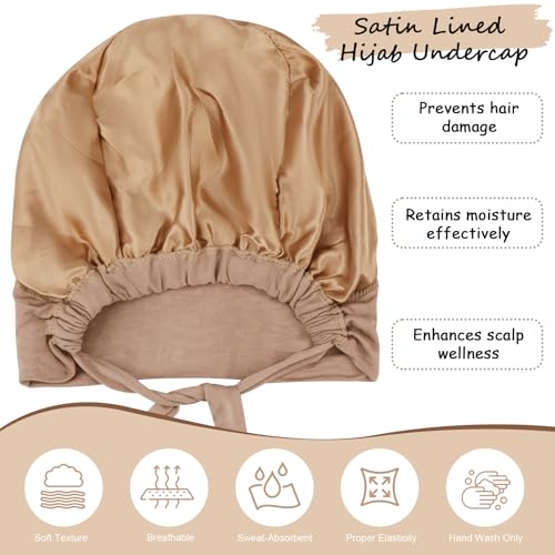 XEPST 2 PCS Hijab Undercap for Women, Satin Undercap for Hijab Islamic Muslim Under Hijabcap Modal Head Wraps Tie Back Bonnet Inner Head Scarf Turbans for Women Chemo Hat Sleep Cap, Black+Khaki