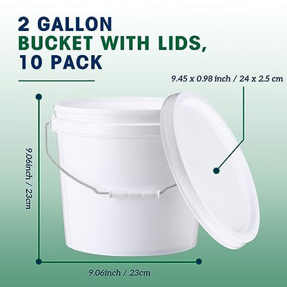 Tioncy 10 Pcs 2 Gallon Plastic Buckets with Lids and Handles,White | Storage Pails for Paint, Cleaning, Organizing, Durable Containers, Metal Handles, Plastic Material - color: White