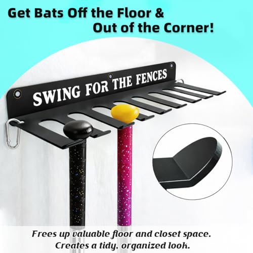 Baseball Softball Bat Holder Storage Rack Organizer Hanger Hook Home Field Hanging Fence Holds 14 Bats Wall Mount Equipment Sports Carabiners Included Metal - style: SWING