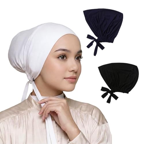 Yeieeo 3PC Muslim Hijab Undercap for Women, Stretch Tie-Back Inner Headscarf Bonnet, Soft Modal Headwear for Daily - color: Black+white+navy