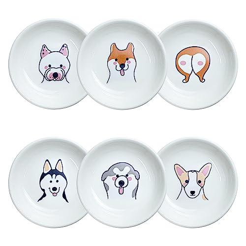 Super Cute Cartoon Animal Pattern Ceramic Sauce Dish/Seasoning Dish/Sushi Soy Dipping Bowl/Appetizer Plates/Serving Dish for Kitchen Home(Set of 6)-Dog Heads - color: Dog Head and Butt