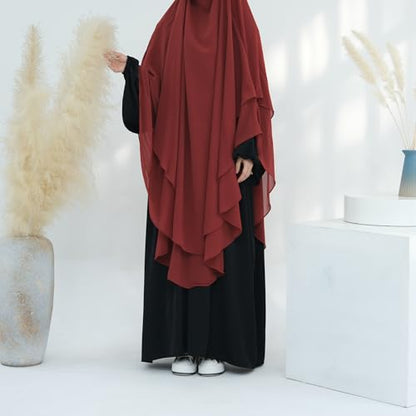 SYANKANGXIAO Ramadan Eid Khimar Abaya Turkey Islam Muslim Chiffon 2 Layers Long Hijab Dress Prayer for Women Full Cover Robe - color: Rust Red
