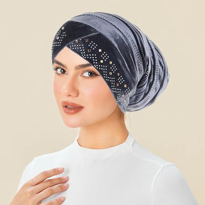 Rhinestone Hijab Turban Hats for Women Beanies Bandana Headwrap Cap Beanies Headwear Headscarf Undercap Turban Hat - color: Gray