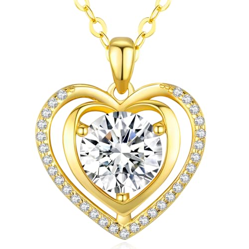 Heart Pendant Gold Necklace for Women Moissanite Lab-Created Gem I Love You Wedding Anniversary Birthday Christmas Valentine Engagements Mothers Day Jewelry for Wife Her Girlfriend Mom Daughter - color: Gold-3CT