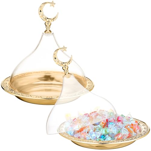 Potchen 2 Pcs Ramadan Tray Decor Eid Mubarak Date Holder with Clear Dome Lid Mardi Gras Serving Tray 6.69" Metal Gold Eid Al-fitr Dessert Container for Nuts Baklava Samosa Halva Candies Cookies