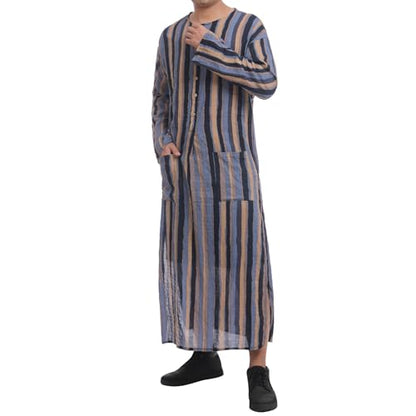 IWEMEK Muslim Thobe for Men Striped Kaftan Thobe with Pockets Saudi Arabic Robe Button up Dubai Abaya Caftan Ramadan Clothes - color: Blue, size: Medium
