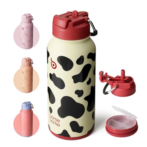BOTTLE BOTTLE 32oz Insulated Water Bottle with Pill Box | Stainless Steel,Sport Water Bottle, with Straw Dual-use Lid and Pill Box, Design for Gym - color: cow