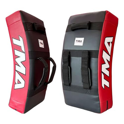 TMA Kick Shield Muay Thai Kickboxing, Heavy Curved Kicking Striking Body Pad, Target MMA Boxing Training, Kickboxing Body Shield, 3 Padded Handles, Karate Kicking Pads, Sparring Sheild - color: Black/Red