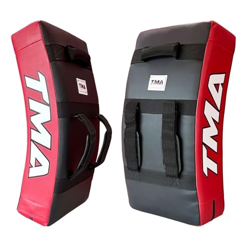 TMA Kick Shield Muay Thai Kickboxing, Heavy Curved Kicking Striking Body Pad, Target MMA Boxing Training, Kickboxing Body Shield, 3 Padded Handles, Karate Kicking Pads, Sparring Sheild - color: Black/Red