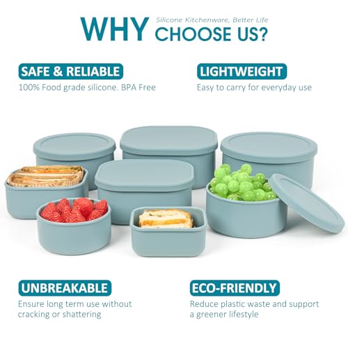 100% Silicone Food Storage Containers with Lids, 8 Pack, 10oz to 51oz, Reusable Leakproof Nesting & Stackable Silicone Bento Lunch Box, Microwave Freezer Dishwasher Oven Safe, BPA Free, Slate Green - color: Slate Green | 8 Pack