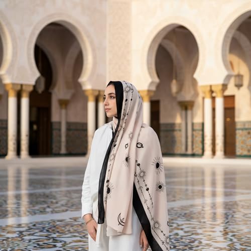 Hijab Modest and Elegant | Beautifully Designed Printed Chiffon Patterns | Muslim Women Head Scarf and Veil - color: Beige