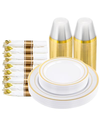 175 PCS White and Gold Plastic Dinnerware Set for 25 Guests, 50 Disposable Plates for Party, 25 Pre Rolled Napkins with Gold Silverware, 25 Cups - color: White Gold, size: 25 guests