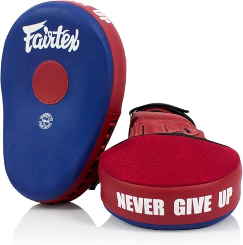 Fairtex FMV13 Maximized Focus Mitts, Muay Thai Kickboxing MMA Punching Pads | Premium Syntek leather shell with multi-layer foam. Curved shape with hook-and-loop wrist strap absorbs trainer strike impact - color: Blue/Red