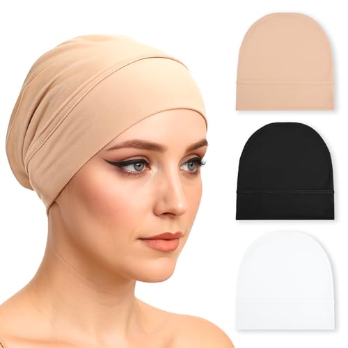 3 PCS Hijab Undercap Non Slip Under Caps for Hijab Non Slip Women Undercap Under Scarf Hijabs Cap Beige, Black, White