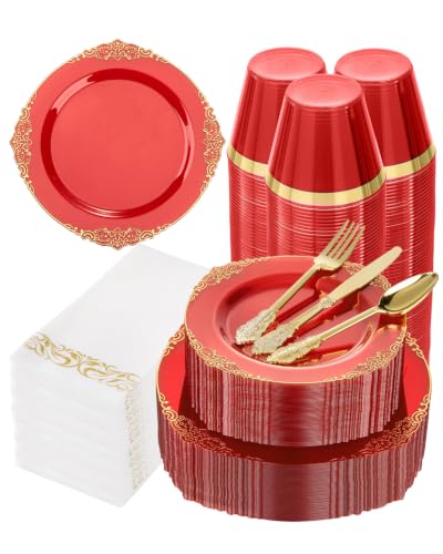 Bestluck 350PCS Clear Red Plastic Plates for 50 Guests - color: Red, size: 50 Guests