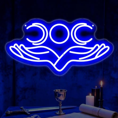 Hand to Moon Neon Sign Bohemian Lunar Indoor Wall Decor-18.9" x 9.9"-Blue - color: Moon-Blue