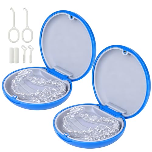 2 Pack Retainer Case with Mirror, Aligner Case Kit for Invisalign | 2 Pack Slim Magnetic Retainer Case for Invisalign • Pocket-Size for Travel • Full Kit: Removal Tool, Aligner Seater & Brush - color: 2 Pack - Klein Blue