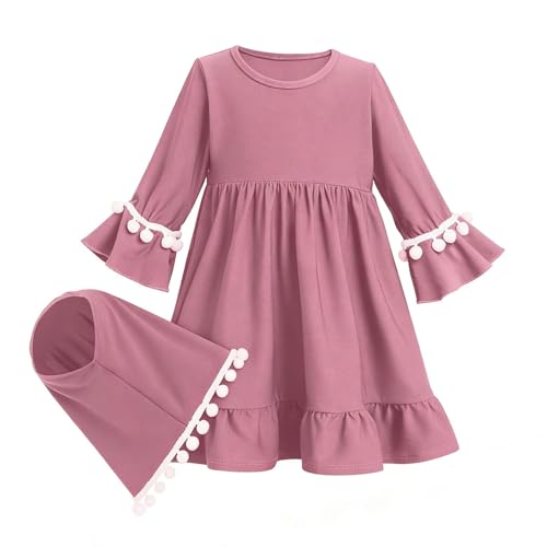 Muslim Prayer Dress 2 Piece Set Baby Toddler Long Sleeve Abaya with Hijab Islamic Scarf Kaftan Robe Ramadan Outfit - color: Hot Pink, size: 6-18 Months