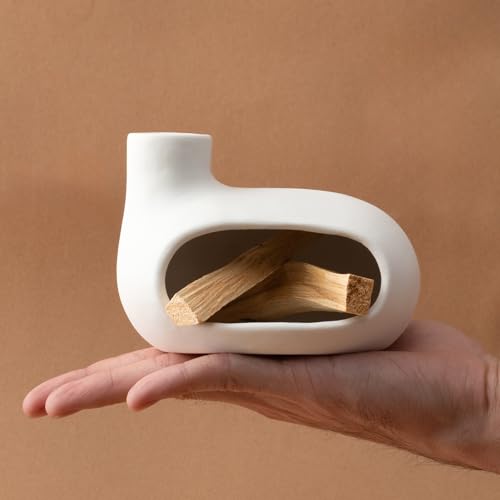 MOUGIGI Modern Palo Santo Holder Ceramic Burner for Meditation and Energy Cleansing - Handcrafted Smudge Bowl for Wood Sticks, Sage, and Incense Cones - color: Matte Clay -White
