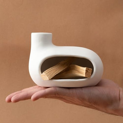 MOUGIGI Modern Palo Santo Holder Ceramic Burner for Meditation and Energy Cleansing - Handcrafted Smudge Bowl for Wood Sticks, Sage, and Incense Cones - color: Matte Clay -White