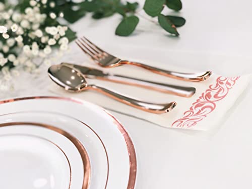Rose Gold Plastic Dinnerware set 175 Pieces- 50 Rose Gold Rim Plastic Plates - 25 Rose Gold Plastic Silverware - 25 Rose Gold plastic Cups - 25 Fancy Napkins - Party of 25