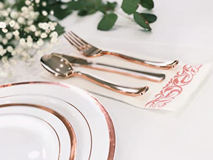 Rose Gold Plastic Dinnerware set 175 Pieces- 50 Rose Gold Rim Plastic Plates - 25 Rose Gold Plastic Silverware - 25 Rose Gold plastic Cups - 25 Fancy Napkins - Party of 25
