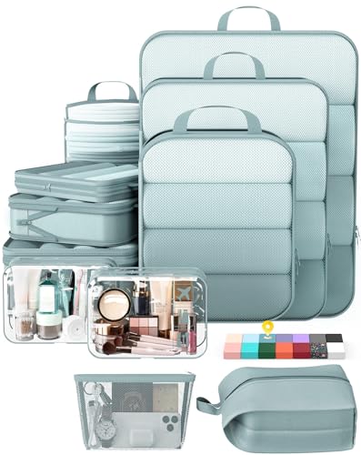 Veken 11 Set Compression Packing Cubes for Travel Essentials,Compressible Expandable Large Luggage Suitcase Organizer Bags for Clothing,Space Saver Bags with Over 1000 pcs of Mesh Holes(Blue Gray) - color: Blue Gray, size: 11 set