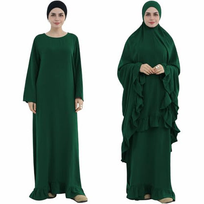 2PCS Women Muslim Prayer Abaya Dress Ruffle Trim Side Pockets with Khimar - color: Dark Green, size: Large