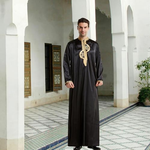 zhxinashu Thobe for Men Islam Long Sleeve Mens Kaftan Thobe Muslim Men Clothing - color: Black, size: 3X-Large