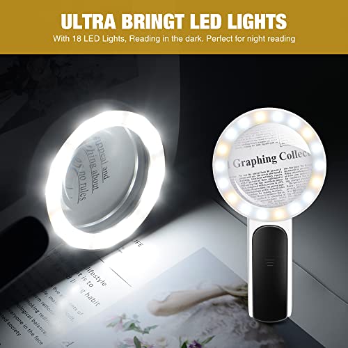 Magnifying Glass with Light, High Magnification Handheld Large Magnifying Glass 18LED Cold and Warm Light with 3 Modes, Illuminated Lighted Magnifier for Seniors Reading, Coins, Jewelry, Exploring - color: White